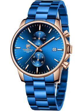 Men's Rose Gold Blue Classic Stainless Steel Waterproof Chronograph Quartz Watch